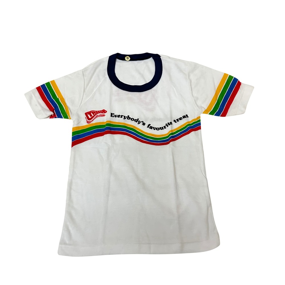 Vintage Kids Trebor Everybody's Favourite Treat T-Shirt Rainbow Sleeve Trim S